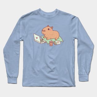 Cute Chilling Capybara With Laptop And Snacks Long Sleeve T-Shirt